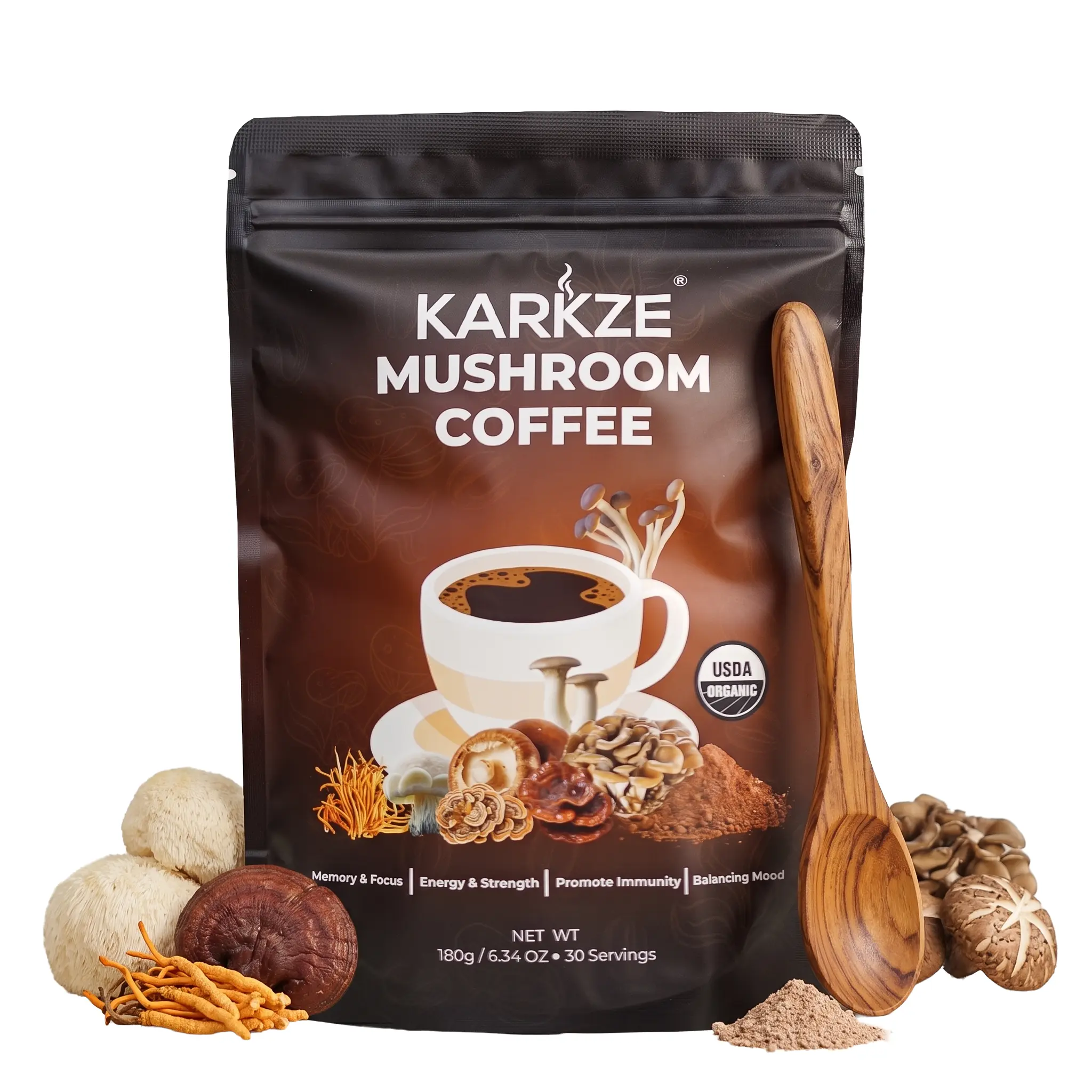 Karkze USDA Organic Medium Roast Arabica Instant Coffee, 30 Servings with 7 Adaptogenic Mushrooms (Lion's Mane, Turkey Tail), Gluten Free, Dairy Free, Vegetarian for Adults' Energy, Focus, Digestion
