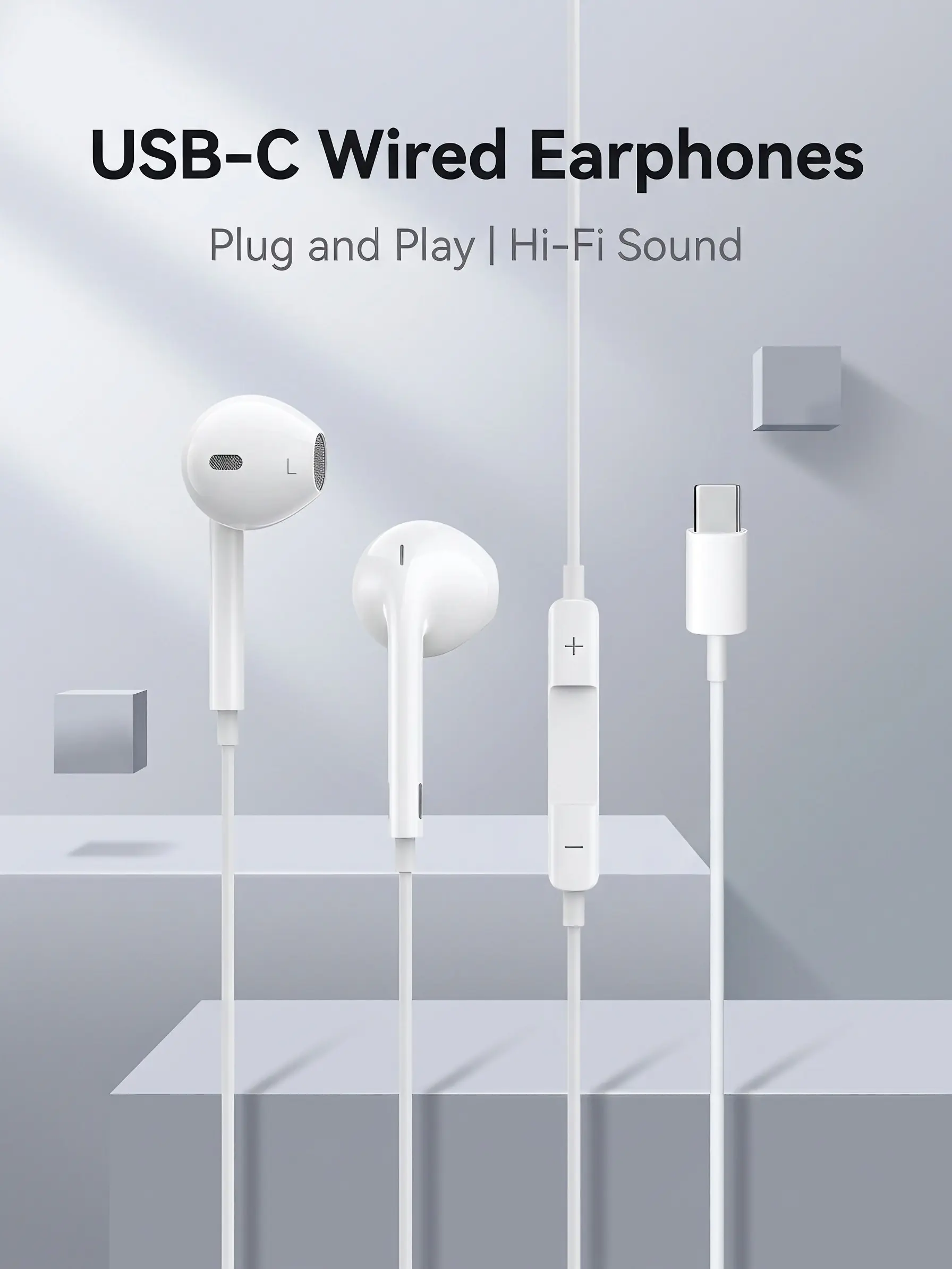 Hi-Fi Sound USB-C Wired Earbuds with Microphone - Audio Headset, USB-C Jack, Inline Remote, Volume Control, ABS+TPE Build for Compatible Devices