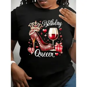 👑🎉 [Graphic Tee] Plus Size Women's Birthday Queen Graphic T-Shirt| Black Casual Short Sleeve Top with Red Crown, High Heels & Glitter Accents| Stretchy Polyester Blend| Machine Washable Summer Party Tee| Birthday T-Shirt| Celebratory Design