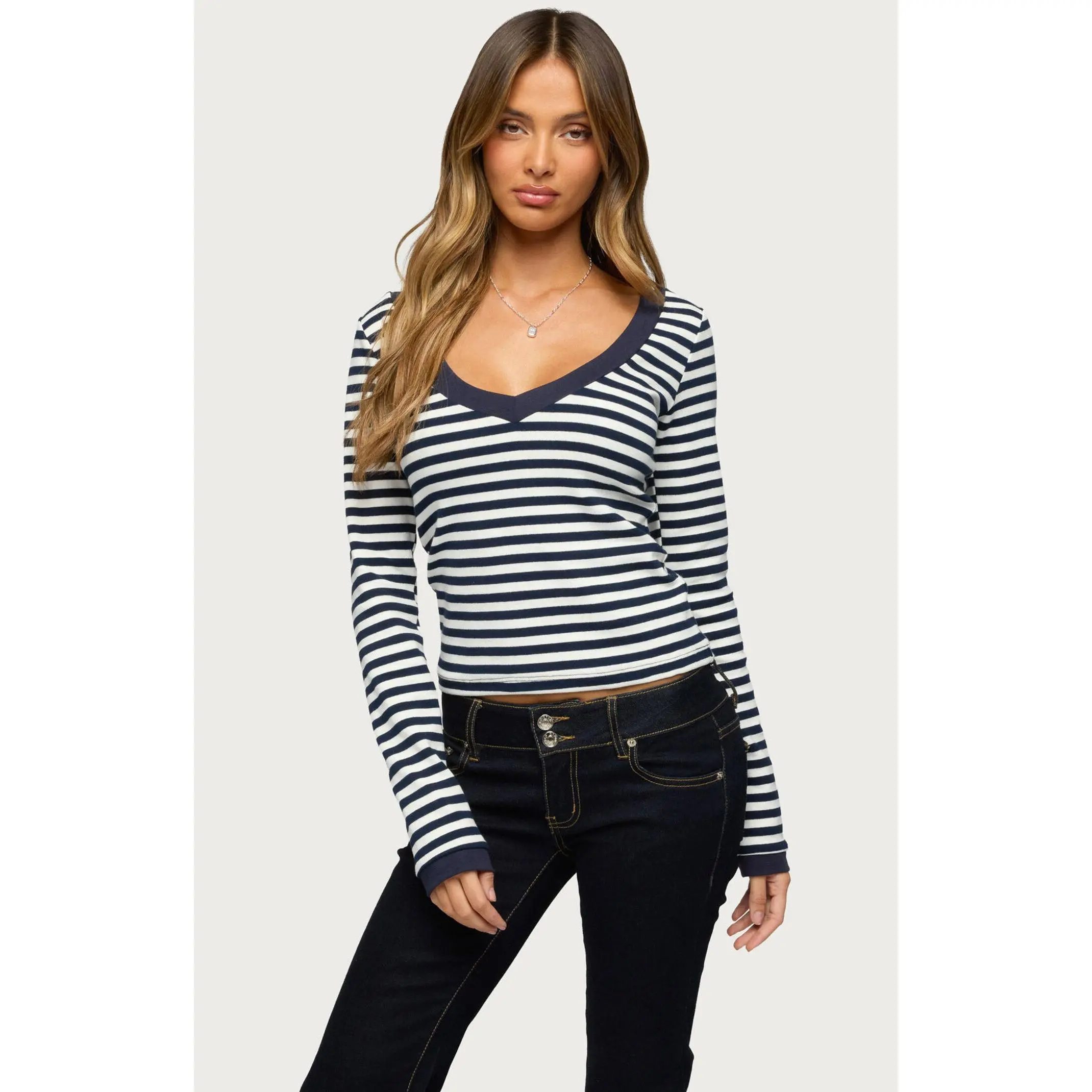 Edikted Women's Kimi Striped Long Sleeve V Neck Top