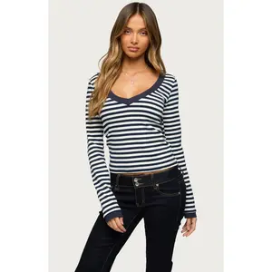 Edikted Women's Kimi Striped Long Sleeve V Neck Top