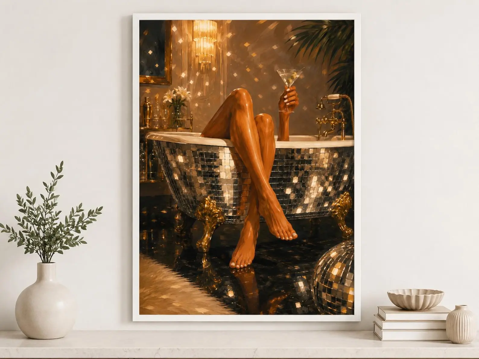 Disco Bath Poster, Glam Bathroom Wall Art, Martini Bath Print, Gold Disco Ball Decor, Luxe Bathroom Poster, Feminine Wall Art [Unframed]