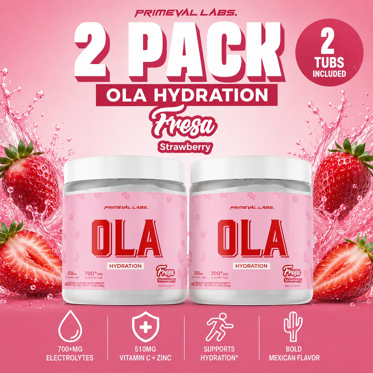 Primeval Labs OLA Hydration Fresa– 2 Pack Bundle | 80 Servings | Strawberry Electrolyte Powder with Vitamin C + Zinc Primeval Labs OLA Hydration Fresa– 2 Pack Bundle | 80 Servings | Strawberry Electrolyte Powder with Vitamin C + Zinc