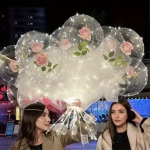10 Sets of Glowing Bubble Balls with Pink Roses - Rose Bouquet Balloons And Sticks, Suitable for Weddings, Anniversaries, Birthday Party Decorations, Bridal Gifts, Proposals, Engagements, And Romantic Valentine'S Day Setups