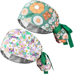 Scrub Cap, Surgical Caps for Women, Nurse Caps with Buttons Ribbon Tie, Adjustable Bouffant Nurse Hat