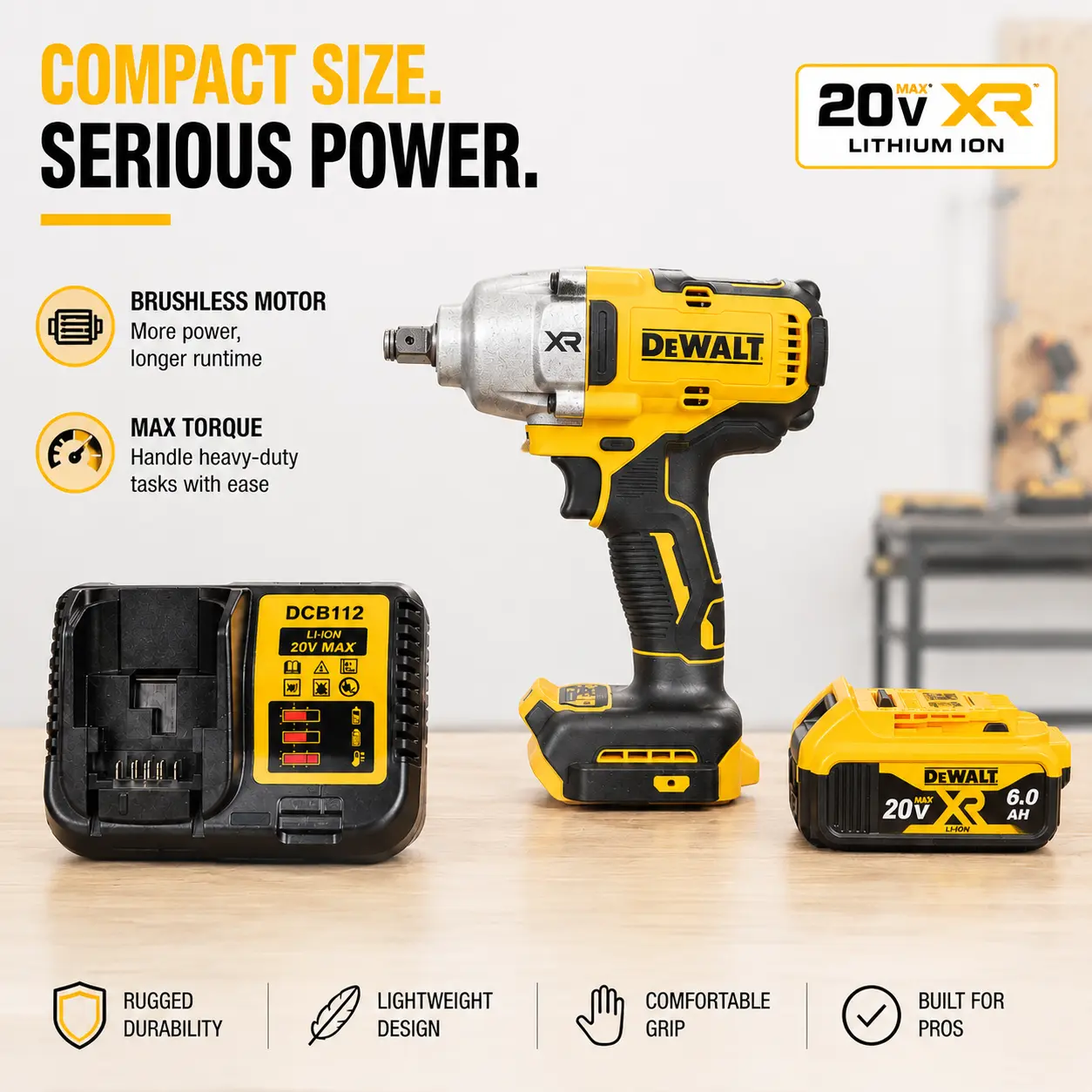 DEWALT 20V Brushless Cordless Impact Wrench Kit - 1/2 in Hog Ring Anvil, High-Torque Heavy-Duty Tool, 1 Battery, 1 Charger for DIY Enthusiasts’ Demanding Tasks (1Battery 1Charger 1Toolkit Incl.)