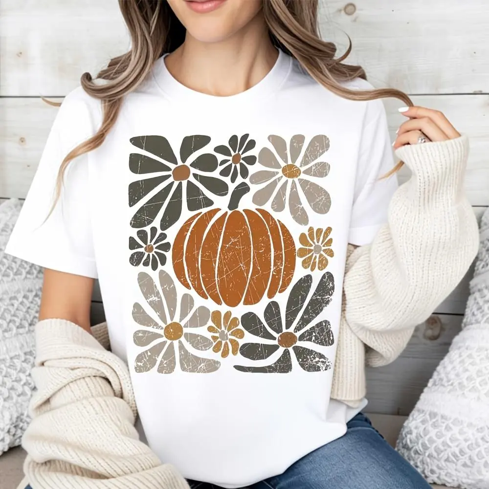 Vintage Pumpkin And Floral Print, Raglan Long-Sleeved T-Shirt, Autumn Harvest Thanksgiving Theme, Casual Fall Season Wear
