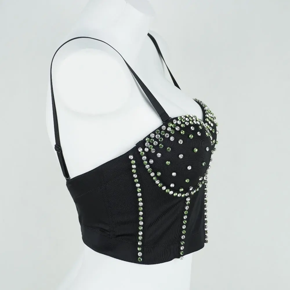 Women's Short Crystal Rhinestone Corset Top - Backless Spaghetti Strap Bustier with Hook-and-Eye Closure for Evening, Halloween Parties