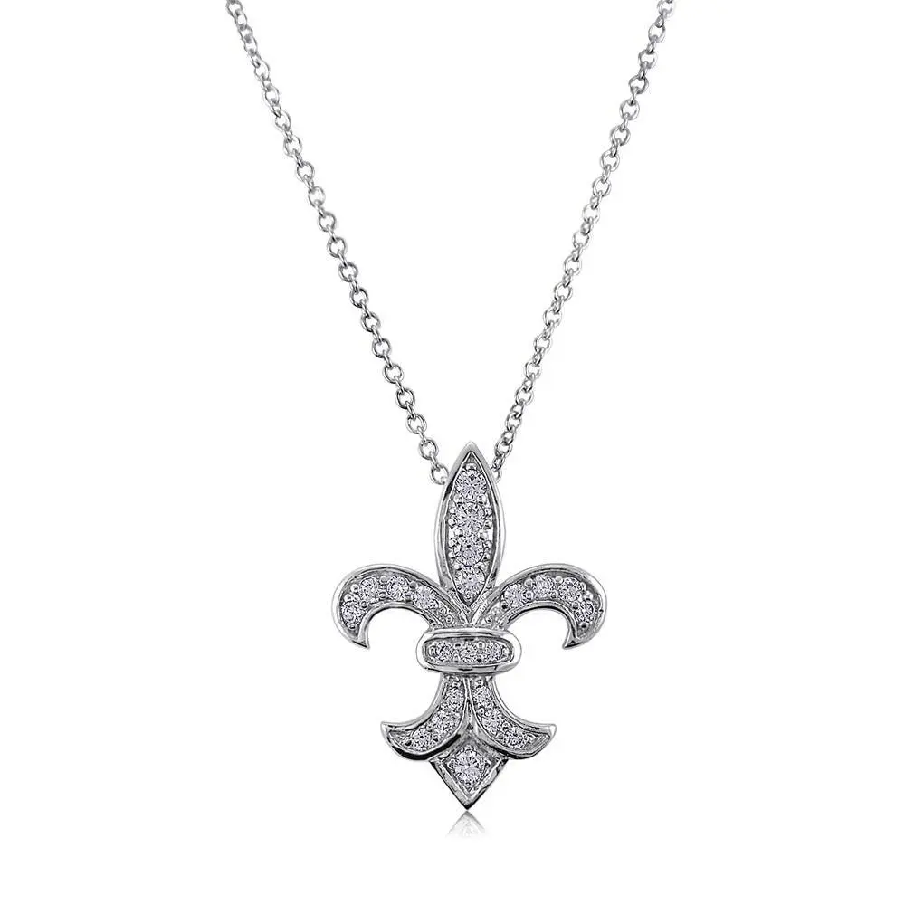 BERRICLE Sterling Silver Fleur De Lis Pendant Necklace for Women, Cubic Zirconia CZ 16 inch