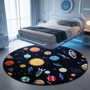 Round Cosmic Planet Print Rug, Large Area Living Room Bedroom Carpet, Washable Plush Mat, Modern Home Decor, Easy Clean