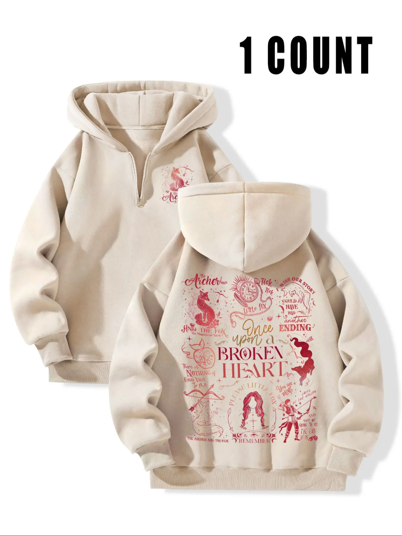 Once Upon a Broken Heart Fantasy Novel Printed Hoodie, Half-Zip Graphic Print Pullover Tops, Book IP Peripheral Apparel, Womenswear, Hoodie Clothing Tops, Fit, Fabric, Suitable for Novel Fan Gatherings, Casual Gatherings and Fantasy Style Looks
