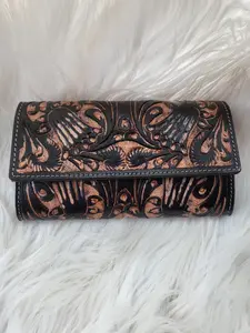 Women's Hand-tooled Leather Wallet with Intricate Floral & Cactus Designs Rich Black & Tan Finish Durable Western Style Accessory