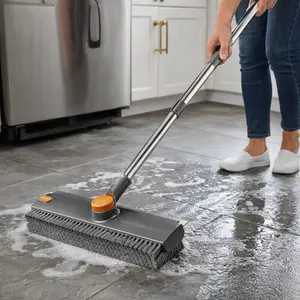 3 in 1 Floor Scrub Brush with Long Handle, Stiff Bristle Scrubber with Silicone Squeegee and Hair Removal Clip, 360° Rotating Bathroom Cleaning Brush for Tile, Grout, Shower, Tub, Glass, Wall, Kitchen and Laminate and Wood Floors Cleaning