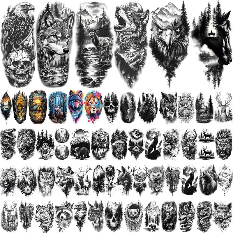 77 Sheets Temporary Tattoos, 17 Sheets Half Arm Wolf Lion Tiger Bear Leopard Eagle Fake Tattoos for Adults Shoulder Neck, 60 Sheets Tiny Animal Temporary Tattoos Realistic for Men Women Boys & Girls
