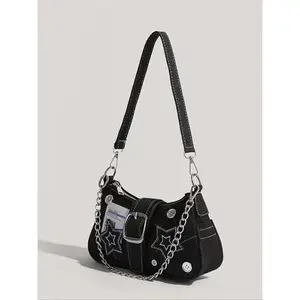 Women's Fashion Star Patched Tote Shoulder Bag Vintage Y2k Style Chain Decor Underarm Bag for Party & Back To School Casual Trendy Versatile High-quality Daily Commuting Bag for Fall 2025 Outfits Freshness Secure Buckle Closure Zippered Compartment
