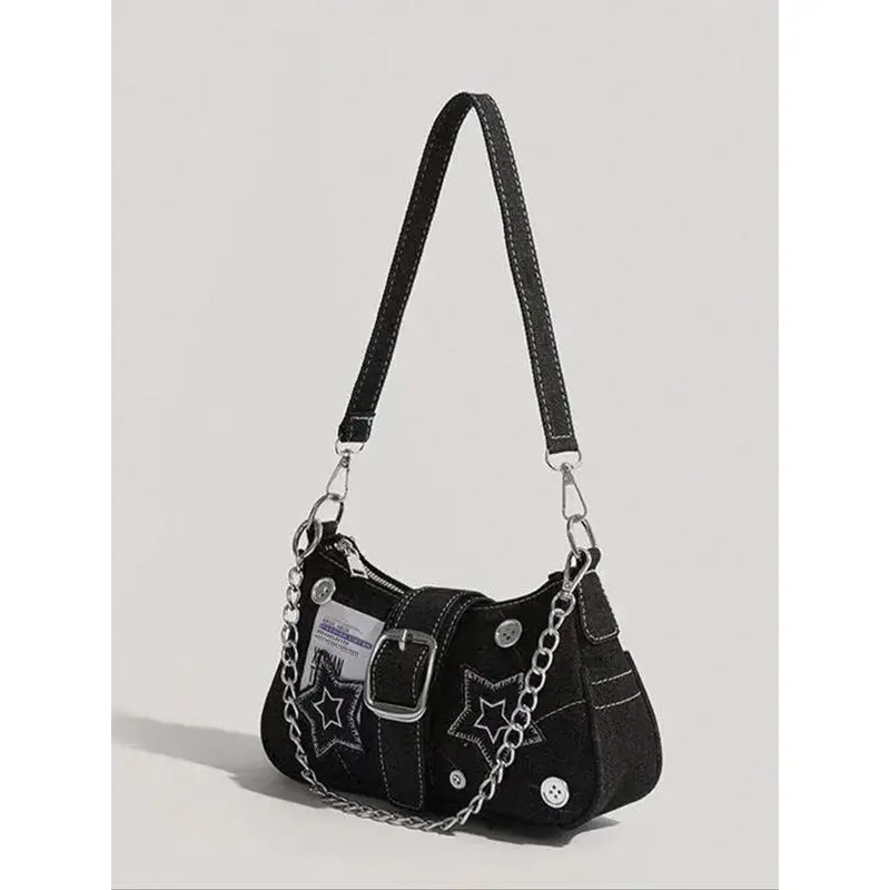 Women's Fashion Star Patched Tote Shoulder Bag Vintage Y2k Style Chain Decor Underarm Bag for Party & Back To School Casual Trendy Versatile High-quality Daily Commuting Bag for Fall 2025 Outfits Freshness Secure Buckle Closure Zippered Compartment
