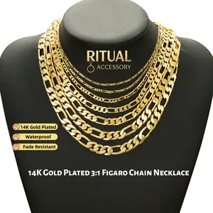14K Gold Plated 3:1 NK Figaro Chain Necklace, 2mm-10mm Width, 20/24 Inch Length, Waterproof Anti-Tarnish, Hypoallergenic Cuban Link Style Jewelry, Perfect Gift for Him Her,  Ideal Mother's Day Birthday Gift