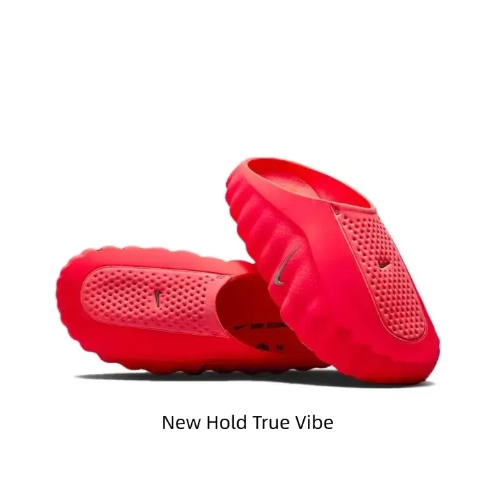 Fiery red & orange two-tone bold minimalist recovery foam slides, full vent quick-dry construction, textured anti-slip outsole, this vivid bright pair is a summer street & beach wardrobe must-have
