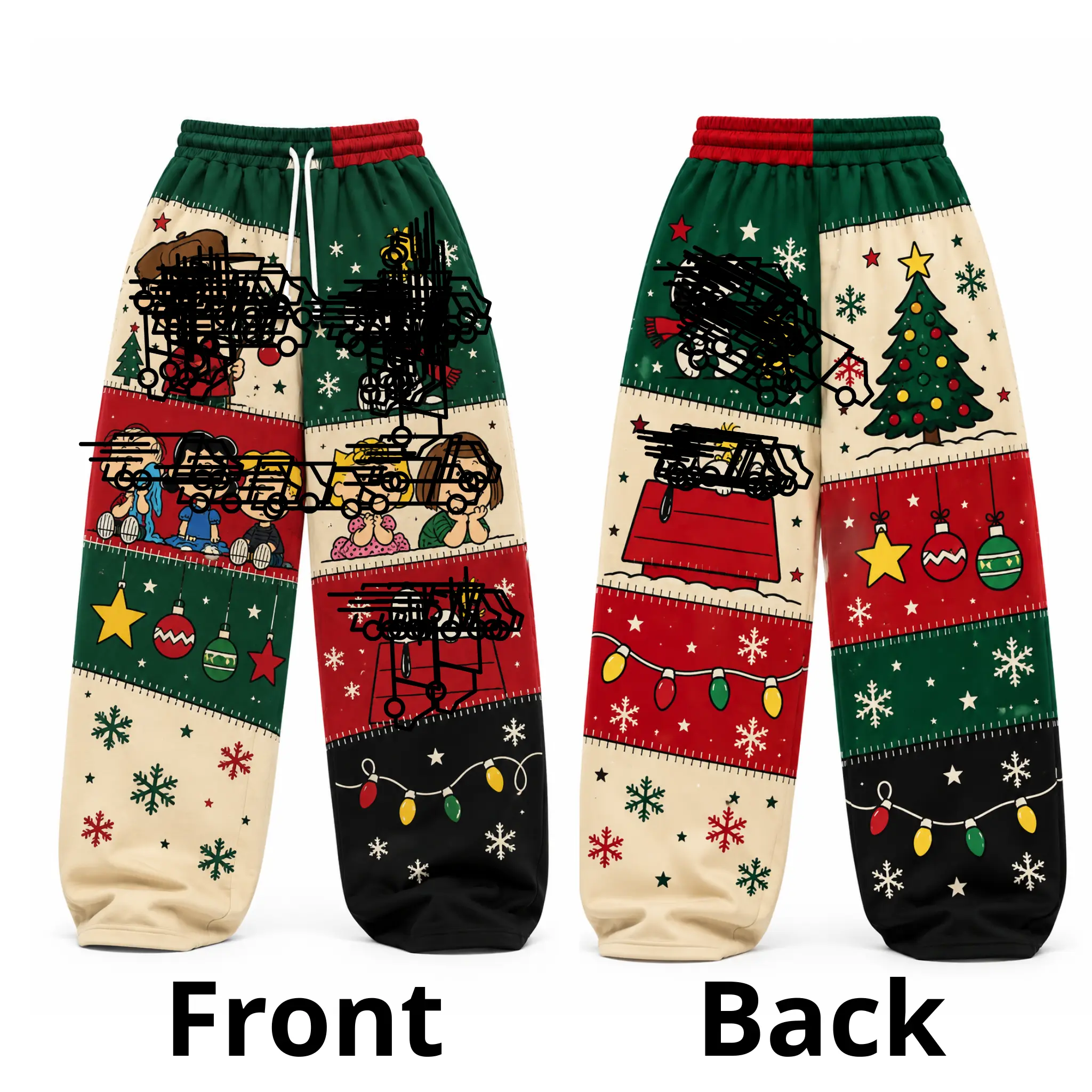 Christmas Cartoon Print Loose Sweatpants, Unisex Wide Leg Jogger Pants, Cute Holiday Characters Graphic Sweatpants, Festive Winter Casual Lounge Pants, Christmas Gift for Men and Women