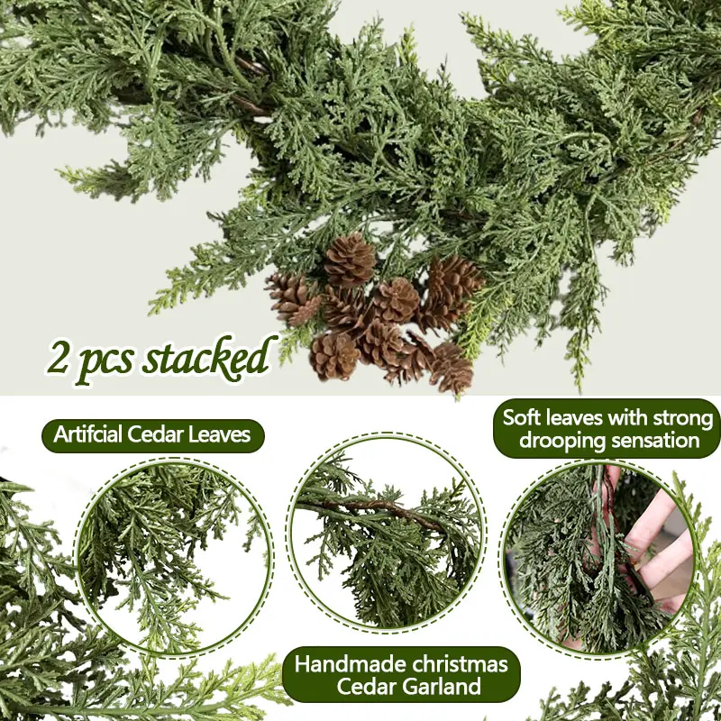 Lush Artificial Cedar Garland 72" with 10 artificial pine cones - Decorative Plant for Home Party Wedding DIY Real Touch Pine Garlands Decorative Greenery Fruit Ornaments