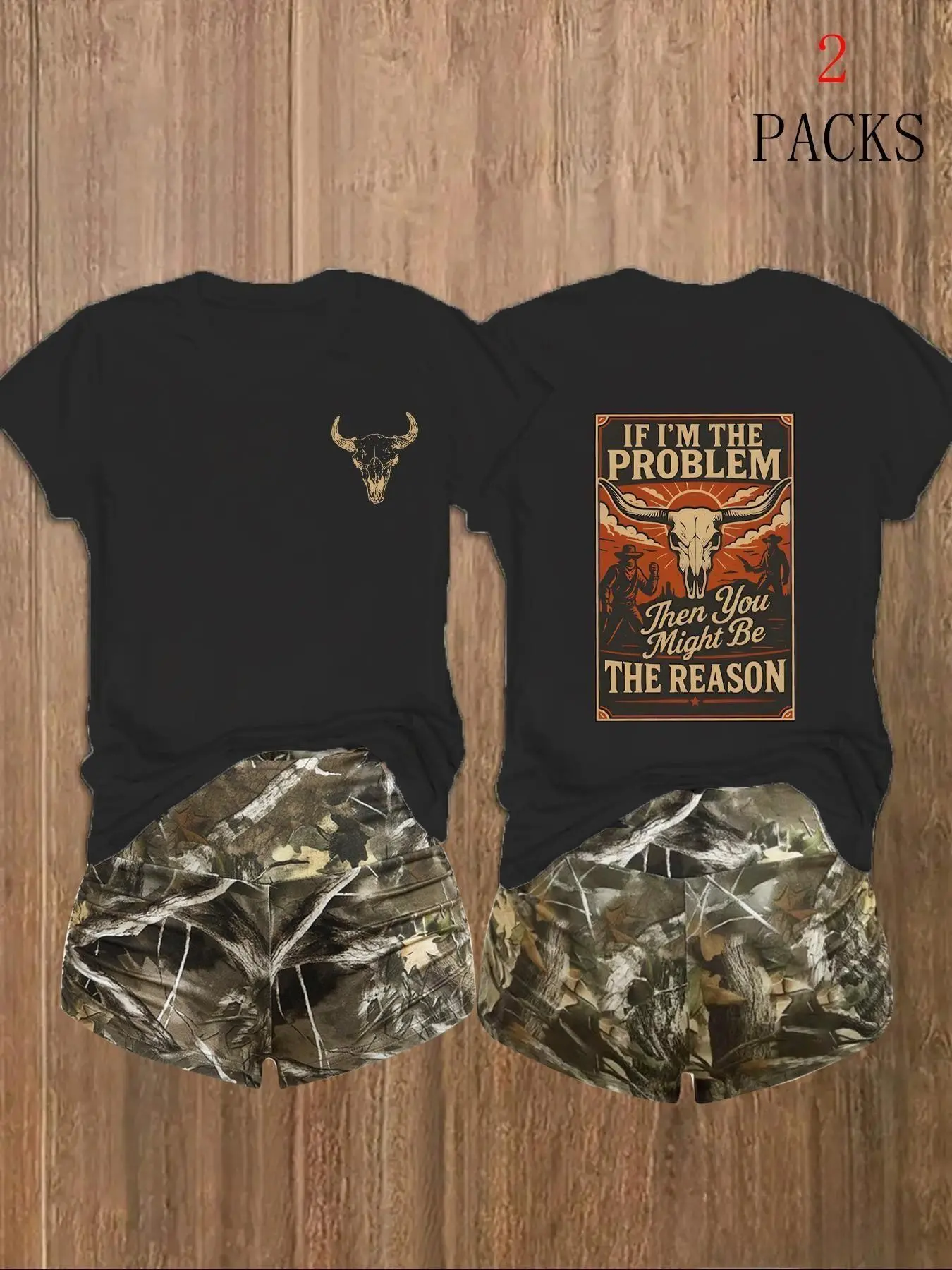 Unisex Retro Graphic Print Short Sleeve T-Shirt + Camo Forest Shorts Set, Camouflage, Sporty Slim Fit, Breathable & Comfortable, Ideal for Outdoor & Streetwear
