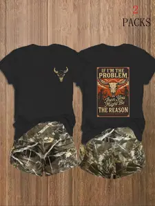 Unisex Retro Graphic Print Short Sleeve T-Shirt + Camo Shorts Set, Camouflage, Sporty Slim Fit, Breathable & Comfortable, Ideal for Outdoor & Streetwear