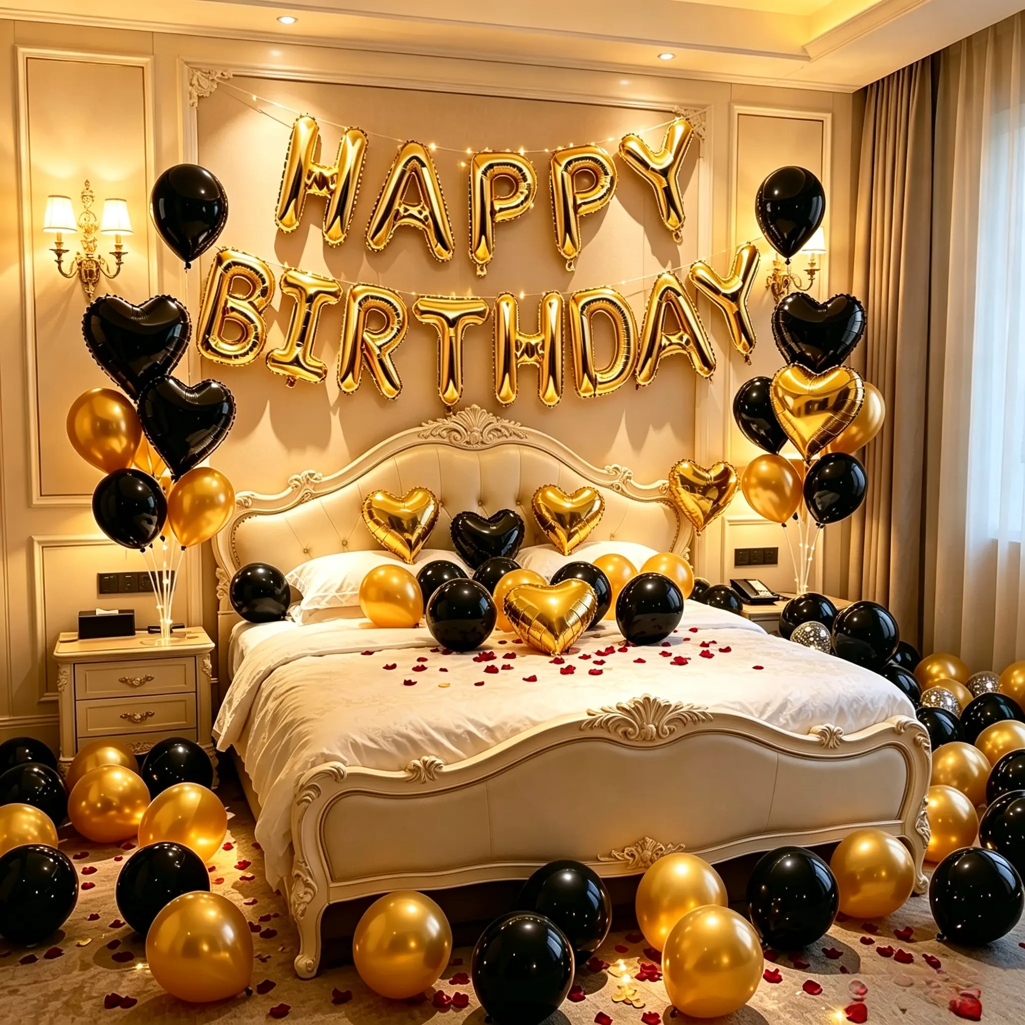 603pcs black and gold birthday party decoration kits, 500 pieces of artificial rose petals, equipped with a golden "Happy Birthday" balloon banner, black and gold themed birthday party supplies, suitable for birthday parties for both men and women
