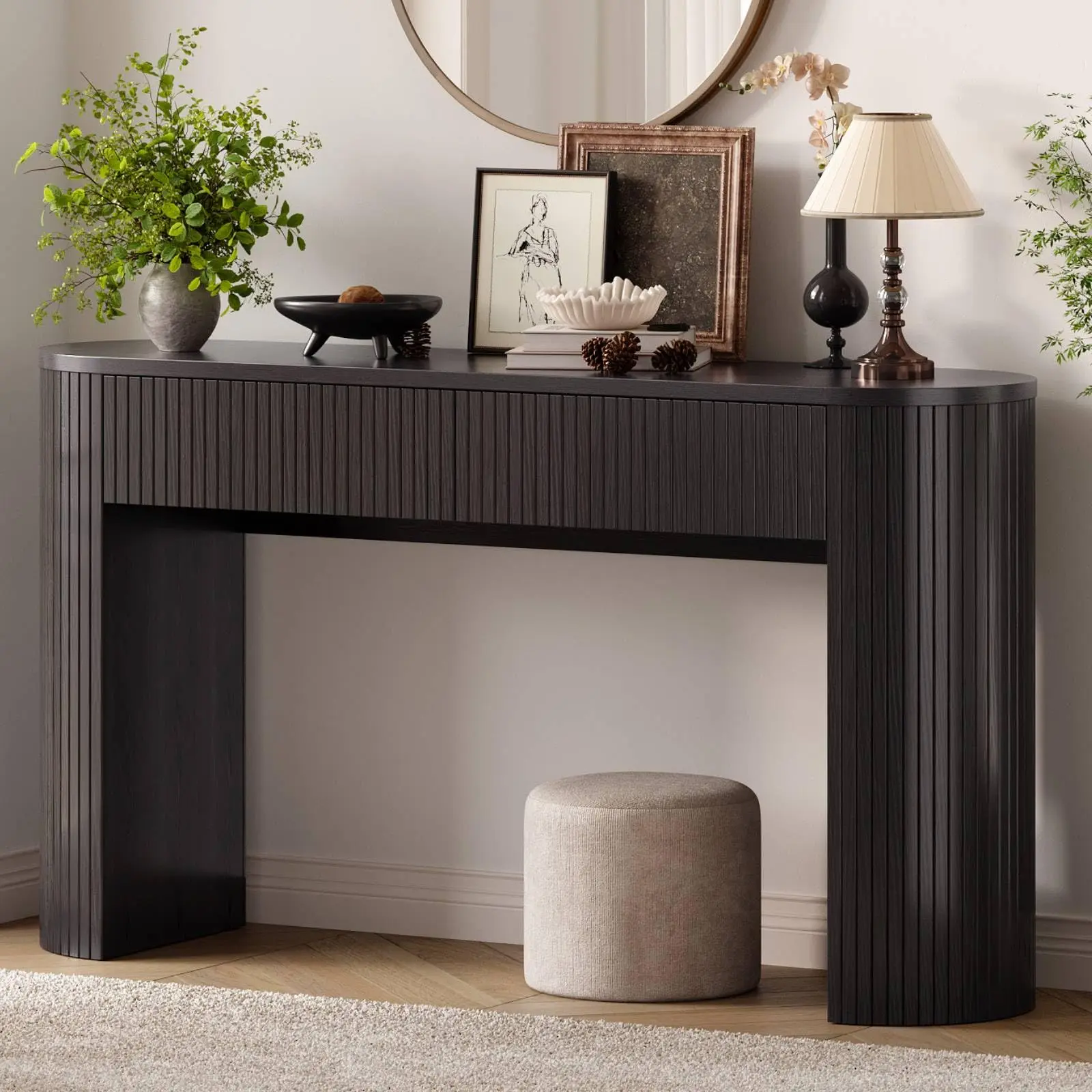 【SummerFinds】ONBRILL 55/63 Inch Console Table with 2 Drawers, Fluted Entryway Tables with Storage, Sofa Table Behind The Couch, Hallway Tables, Mid-Century Modern Foyer Table for Entryway, Hallway, Living Room