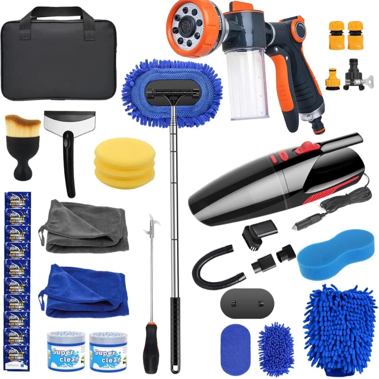 Car Cleaning Supplies Kit with Pressure Foam Hose Nozzle, Portable Vacuum, Brush, and Detailing Accessories - Blue