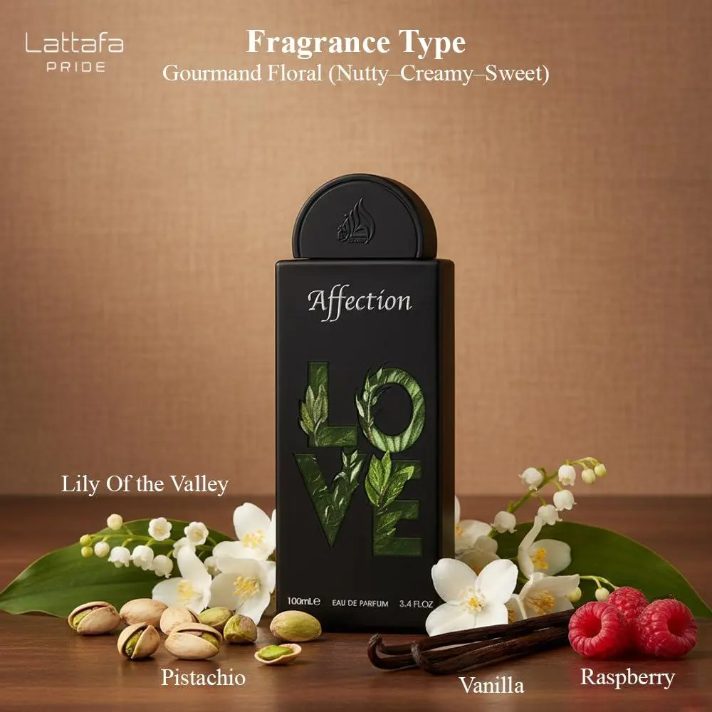 Lattafa Pride Affection Eau De Parfum Unisex — Pistachio, Hazelnut, Black Currant, 3.4 oz (100 ml) | lactones, pistachio perfume, lily of the valley, hazelnut perfume, raspberry, pistachio hazelnut, hazelnut black currant, black currant lactones, floral