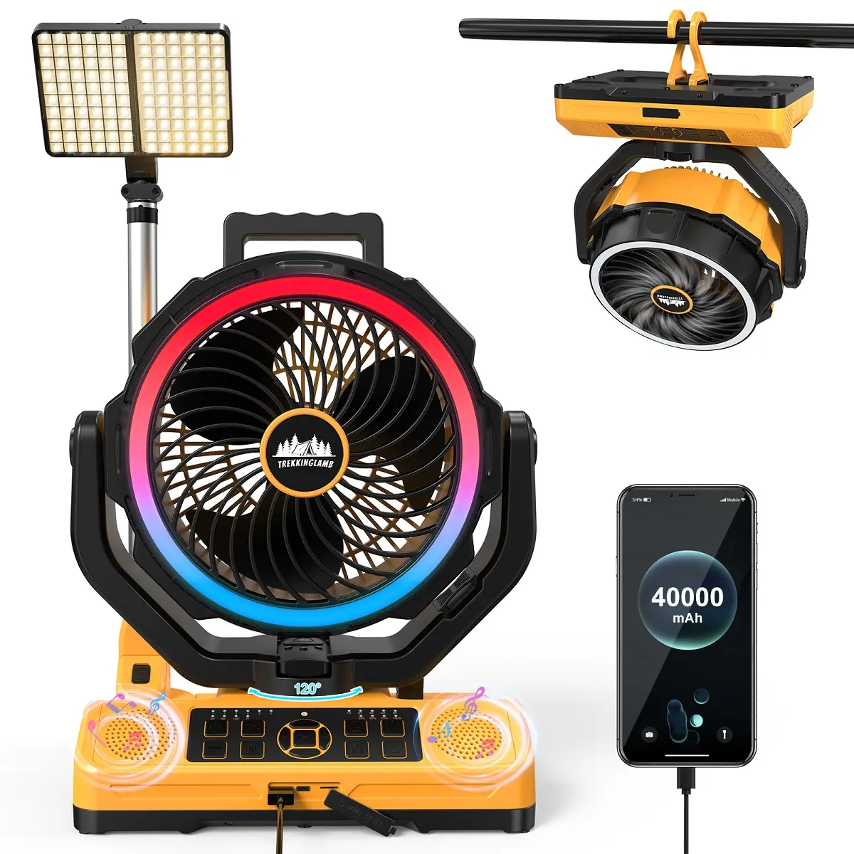 Rechargeable Portable Fan, 40000mAh Cooling Camping Tent Fan with Bluetooth Speaker, Multi-colored LED Light, 6 Speed Levels, 8h Timer, 120° Auto Oscillating, Fast Charge Adapter, Portable Charger for Summer