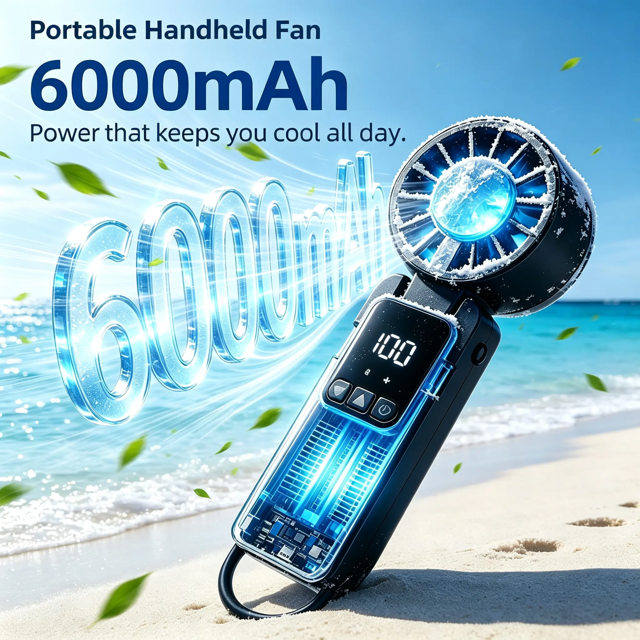 【SummerWins】Portable Handheld Fan 6000mAh – 199 Speeds, Rechargeable USB Fan with LED Display, Foldable Powerful Personal Fan for Travel, Outdoor Activities & Beach, summerwins