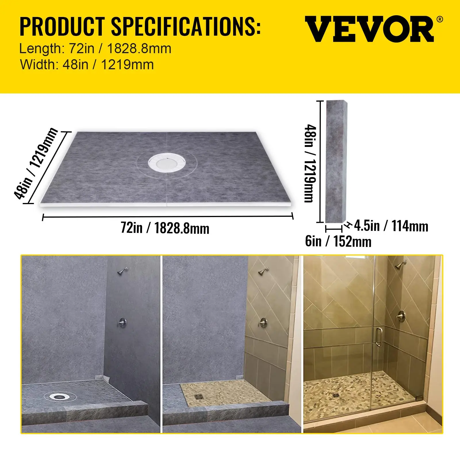 VEVOR Gray Waterproof Plastic Shower Curb Kit Set, 48 in x 72 in Watertight Overlay with Watertight Seal, 4 in PVC Central Bonding Flange, 4 in Stainless Steel Grate, 2 Cuttable Curbs, Trowel, EPS Foam Board Slope Sticks for DIY Bathroom Wall & Floor Base