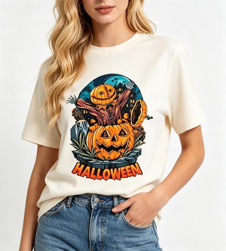 Women's Beige Cotton Crew Neck Graphic Tee - Vintage Scarecrow Pumpkin Graveyard Printed Halloween Top, Fitted Lightweight Short Sleeve Spooky Casual, Machine Washable Ultra-Soft