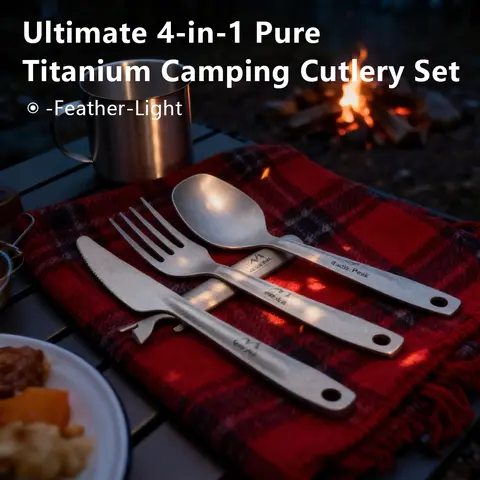 CastlePeak Pure Titanium Cutlery Set - 3-in-1 & 4-in-1 Camping Gear Sets with Spoons, Bottle Opener Included, Can Opener, Screwdriver, Mesh Bag - Feather-Light Portable Camp Kitchen Tableware for Camping, Hiking Outings, 4-In-1 Set
