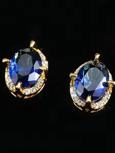 Classic sparkling egg-shaped sapphire blue synthetic zirconia golden yellow four-prong ladies' stud earrings. High-end, versatile party jewellery designed especially for women. Birthday gift Stud Earrings Jewelry Dainty Fashion Jewelry