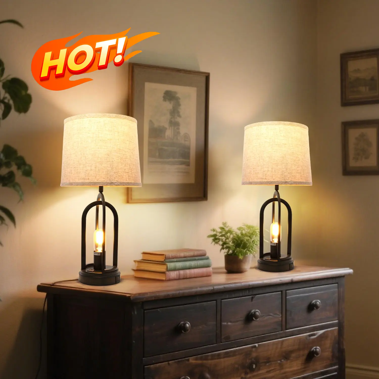 GALENTAL Bedside Lamps For Bedroom, Table Lamps Set Of 2 with USB Ports, Side Table Lamp For Living Room, Nightstand Lamp Lamp With Button Control, Rustic Fabric Shade, Unique Base Design for Bedroom, Living Room, Reading, Desk, Dealsforyoudays