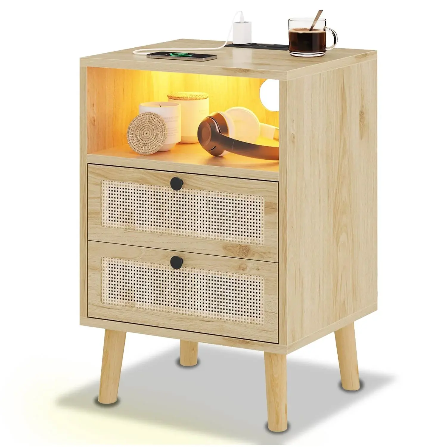 SIKAIC Natural Rattan Nightstand with LED Lights, Bedside Table with Charging Station, USB Ports and Storage for Boho Bedroom Decor