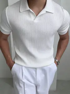 Men's Solid Plain Vertical Striped Polo Neck Short Sleeve Shirt, Comfortable and Stylish Classic Fitted Design, Casual Wear or Layering, Menswear