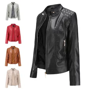 BIGWIG Women's PU Leather Jacket, Faux Leather Coat, Stand Collar, Slim Fit, Zipper Closure, Solid Color, Biker Style, suitable for spring and autumn