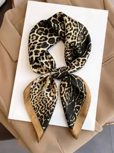 Elegant Leopard Pattern Silk Scarf, 27.5 Inch Square, Polyester Satin, Versatile Accessory, Luxurious Wrap, All-Season Gift