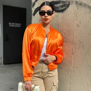 Orange Satin Bomber Jacket Womenswear Outerwear Tops Long Sleeve