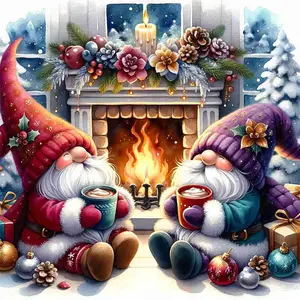 Cozy Christmas Gnome Couple by Fireplace, 5D Full Drill Diamond Painting Kit, Festive Winter Tomte with Hot Cocoa Art, DIY Cross Stitch Mosaic Craft, Whimsical Holiday Home Decor, Handmade Gift for Adults, Handicraft