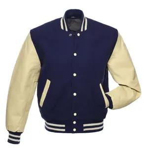 Letterman Navy Blue Varsity Jacket Wool Body Cream  Leather Sleeves  Varsity Jacket Men's Bomber Style Full Snap Button College Jacket