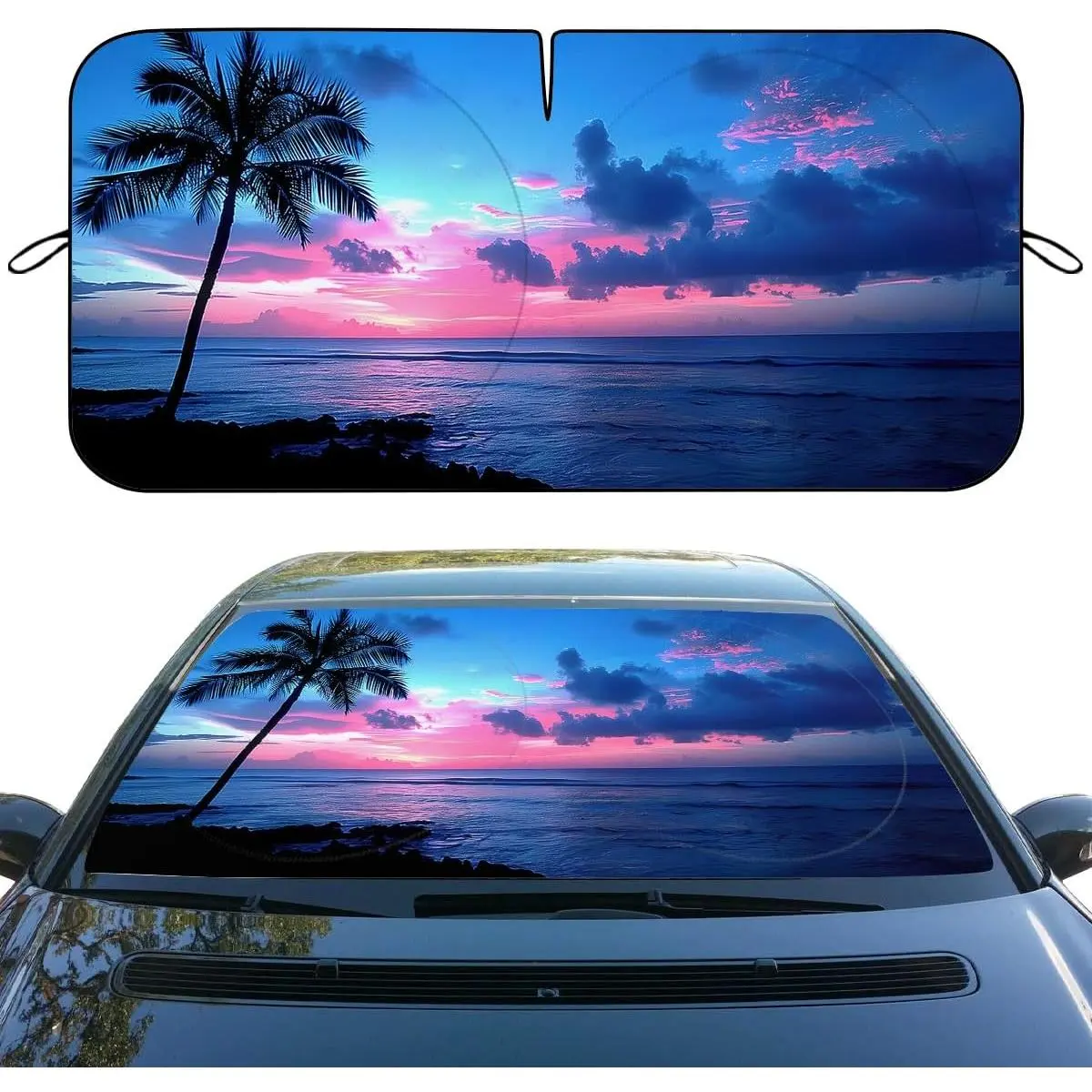 Tropical Ocean Car Windshield Sunshade - Folding Beach Palm Trees Heatshield Front Window Sun Shade Visor Protector for Sedan, Truck, SUV - 59" L x 31.5" W