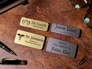 [CUSTOM IN DESCRIPTION] Custom Engraved Name Tag Badges Personalized Identification with Pin or Magnetic Backing, 1 x 3, Company Logo, European Gold or Silver