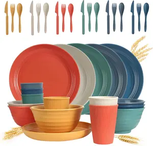 [ Limited Time Deal ]  Wheat Straw Dinnerware Sets -  36 Piece Unbreakable Dinnerware Sets, Reusable Wheat Straw Plates and Bowls Sets, Travel Camping Cutlery Set, Dishwasher Microwave Safe Dinnerware