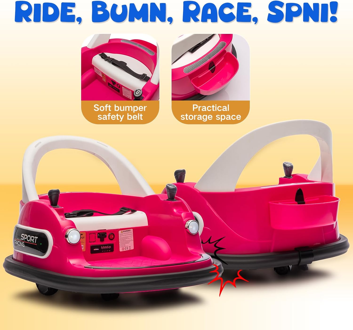 Bumper Car for Kids, 12V Kids Ride On Toy with Parent Remote Control, Baby Electric Bumping Car w/ 360 Degree Spin, LED Lights, Rose Pink