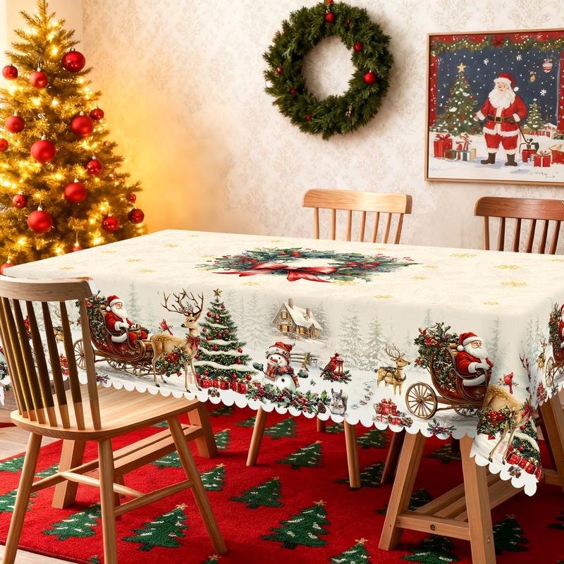 QUNTUE Christmas Winter Berry Wreath Pattern Tablecloth, 2025 Christmas Party Decoration, Garden Party, Restaurant Decoration, Indoor Outdoor Holiday Decorations, Round and Rectangle Multi Sizes, Gift for Friends