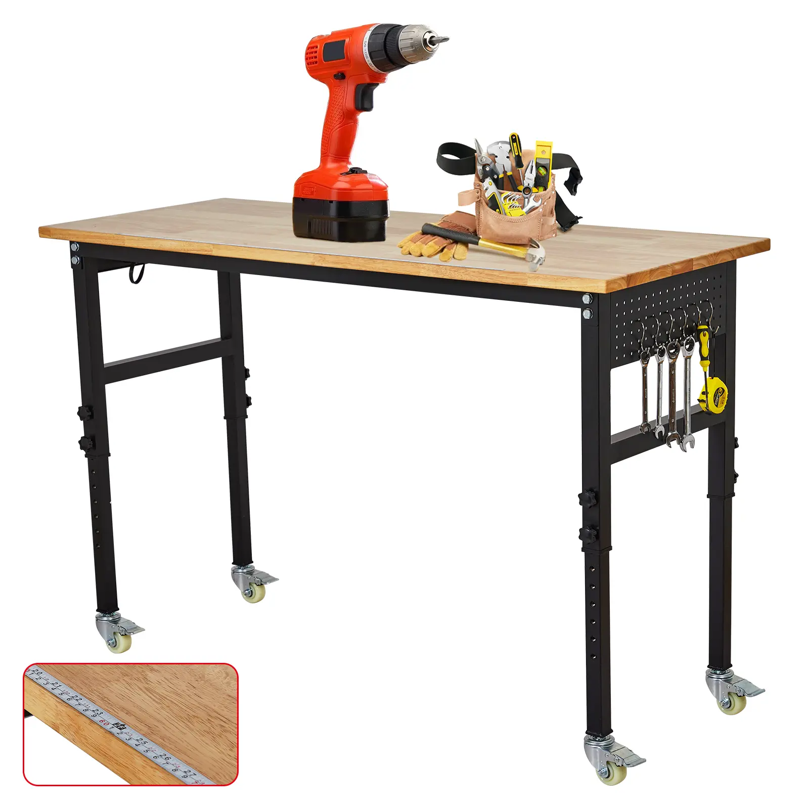 60 inch high adjustable workbench with power socket, solid rubber wood ...